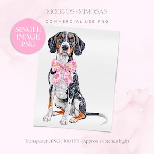 Bluetick Coonhound enkele clipart, zittend. Transparante png. Hond met chinoiserie-preppy roze strik clipart.
