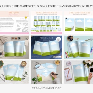 May include: Mockup scenes for a media kit featuring a blue sky with white clouds and green grass. The kit includes 6 pre-made scenes, single sheets, and shadow overlays. The text "MOCKUPS MIMOSAS" is visible in the image.