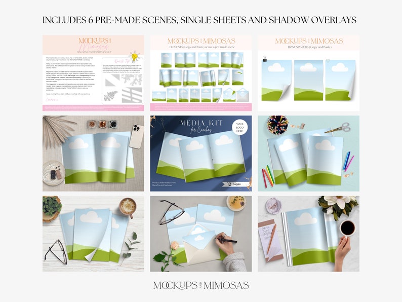 May include: Mockup scenes for a media kit featuring a blue sky with white clouds and green grass. The kit includes 6 pre-made scenes, single sheets, and shadow overlays. The text "MOCKUPS MIMOSAS" is visible in the image.