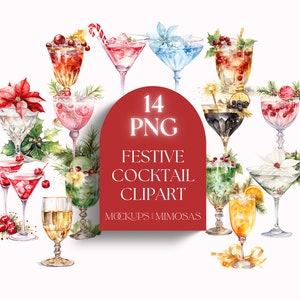 Clipart di cocktail di Natale.  Grafica festiva del drink bar.  Adesivi PNG. Uso commerciale. POD.
