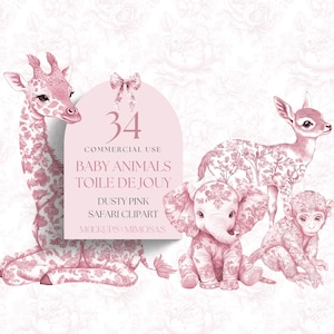 Animais de Safari para BEBÊ Toile De Jouy clipart. Aquarela Rosa Empoeirada Africana / Clipart da Selva. Criaturas fofas. PNGs de Uso Comercial.