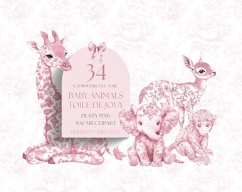 BABY Safari Animals Toile De Jouy clipart. Dusty Pink Watercolour African / Jungle clipart. Cute creatures. Commercial Use PNG&#39;s.