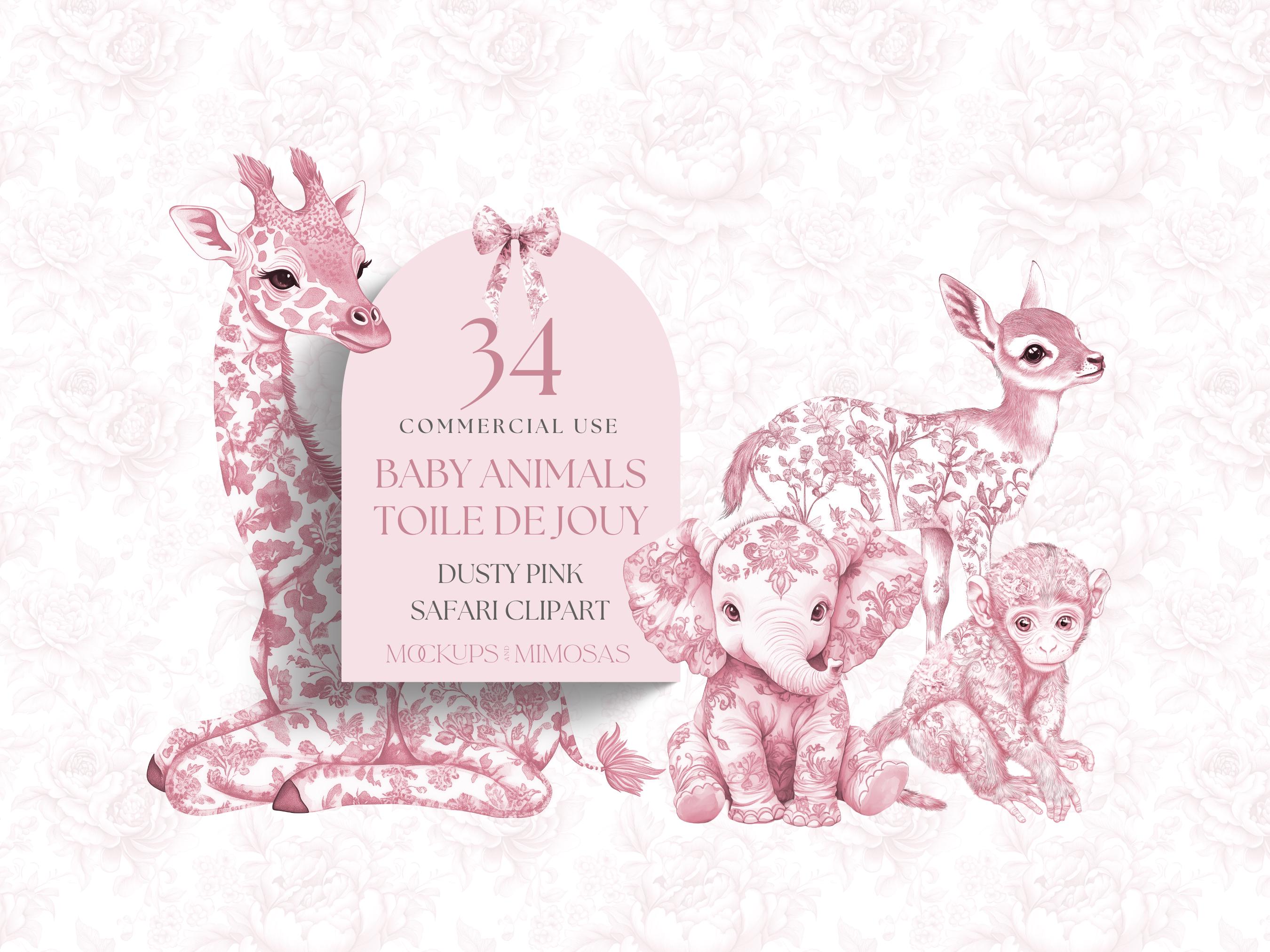 BABY Safari Animals Toile De Jouy clipart. Dusty Pink Watercolour African / Jungle clipart. Cute creatures. Commercial Use PNG's.