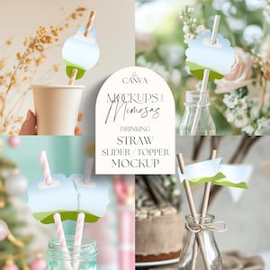 STRAW TAG / Topper Mockup. Paper straw slider templates. Round, scallop, flag and vintage shapes. DIY party decor. Canva Drag and drop.