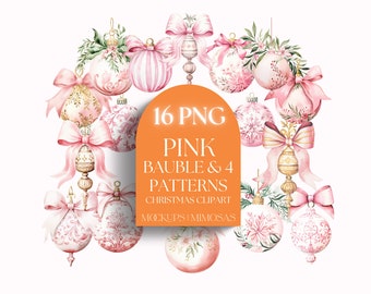 PINK Holiday Baubles Watercolour Clipart. Retro Christmas Ornaments graphics. Commercial use. POD Xmas clipart.