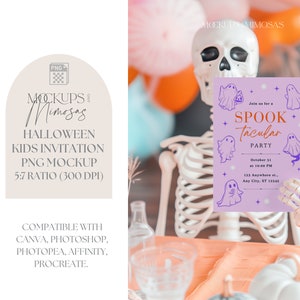 Skeleten Einladung/Schild Mockup. 5x7 inch Karte. Süßes Halloween Mockup für Kinder. Gruselparty. Transparentes PNG-Overlay.