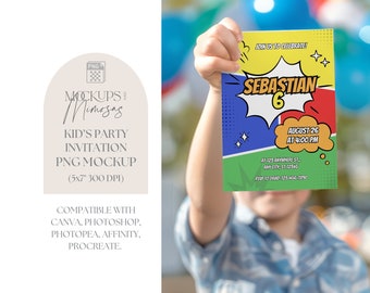 Boy/Unisex Invitation Mockup. 5x7 inch Card. Kids festive party mockup. Transparent PNG overlay.