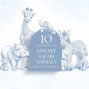 Clipart de animais de safári, gráficos PNG de uso comercial africanos em azul-poeira. Elefante, zebra, rinoceronte, hipopótamo, girafa, suricato, filhote de leão.