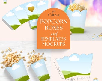 Popcorn Box Mockup. CANVA Party Favor templates.