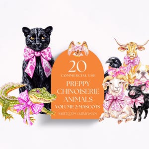 PREPPY Tiere mit Schleife Clipart. Lebendige Aquarell Maskottchen Grafiken. Transparente PNG Dateien.