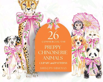 Preppy Chinoiserie Animal Clipart: Watercolor Floral Bows (PNG)
