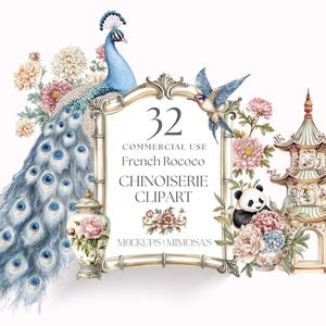 Chinoiserie pastel Clipart.   Oriental Flowers, Peacocks, Pandas. Toile de joy. PNG graphics