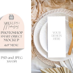 Mockup di menu Boho 4x9. Mockup PSD di cancelleria per matrimonio Boho. Stoviglie color crema, stoffa strutturata e posate dorate.