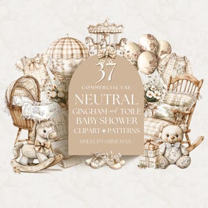 Neutral Baby Clipart: Gingham & Toile, Beige Vintage Graphics (PNG Digital Download)