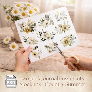 May include: A sheet of paper with floral designs is being cut with scissors. The floral designs are in shades of white, yellow, and green. The text "Two Junk Journal Fussy Cuts Mockups - Country Summer" is at the bottom of the image.