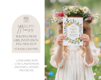 Wildflower Girl Invitation Mockup. 5x7 inch Card. Whimsical sunny meadow party Invitation Mockup. Hands holding card. PNG overlay.