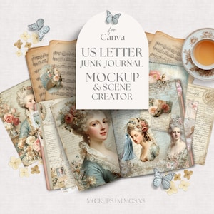 May include: A US Letter junk journal mockup and scene creator. The image shows open journals with vintage illustrations of women in period clothing, butterflies, and floral accents. The text "for Canva" and "Mockups & Mimosas" are also visible.
