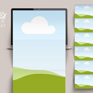 Peut inclure: Un &eacute;cran d'ordinateur portable affichant un ciel bleu avec un nuage blanc. L'ordinateur portable est ouvert et l'&eacute;cran affiche un champ herbeux vert avec une colline vallonn&eacute;e. L'image est une illustration num&eacute;rique.