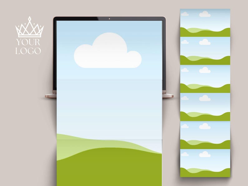 Peut inclure: Un &eacute;cran d'ordinateur portable affichant un ciel bleu avec un nuage blanc. L'ordinateur portable est ouvert et l'&eacute;cran affiche un champ herbeux vert avec une colline vallonn&eacute;e. L'image est une illustration num&eacute;rique.