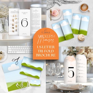 May include: Mockup templates for tri-fold brochures in US Letter size. The mockups feature a light blue sky with white clouds and green grass. The text "Mockups for Canva & Mimosas" is displayed on a peach-colored arch.