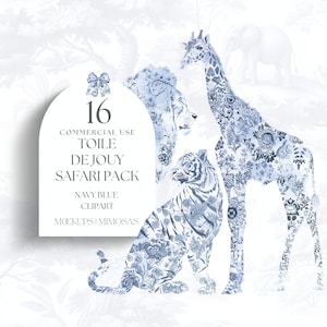 以下が含まれることがあります： 青と白のトワルドジュイの動物のイラスト16点セット。イラストには、キリン、トラ、ライオン、ゾウが含まれています。イラストは、招待状、カード、その他の紙工芸品を作成するのに最適です。