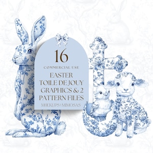 Elegante clipart de Toile de Jouy de PASCUA. Clip art de Pascua azul y blanco. PNG de uso comercial con animales y flores de estilo chinoiserie.