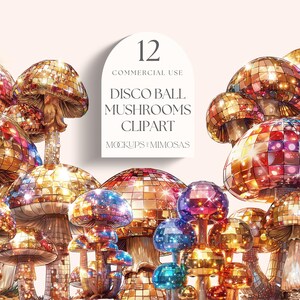 Clipart disco champignons. Conception numérique de sublimation de boule de paillettes scintillantes rétro. Clipart de champignons vénéneux scintillants. PNG .