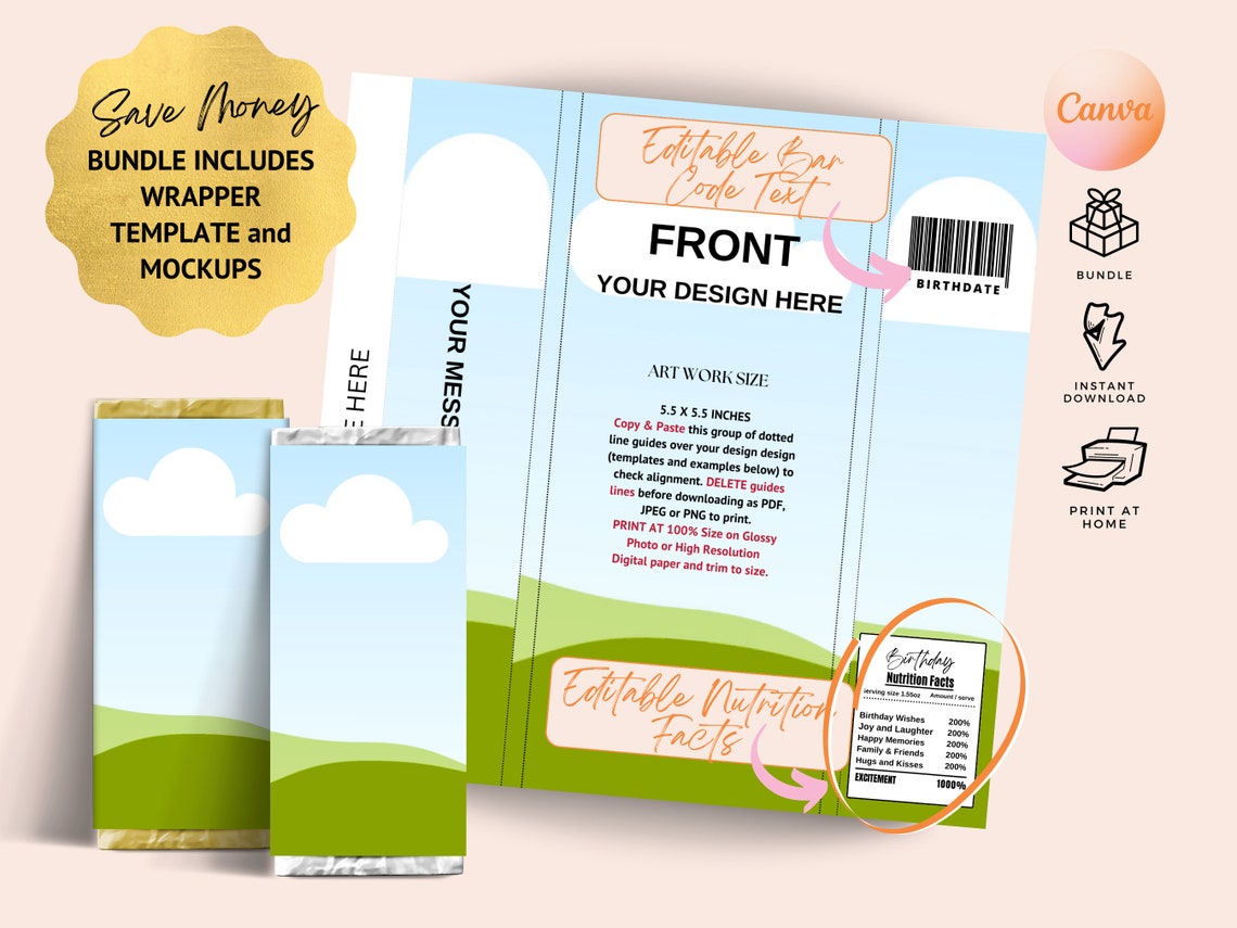 Chocolate Bar Wrapper Template & Mockup Bundle, Canva Party Favor ...