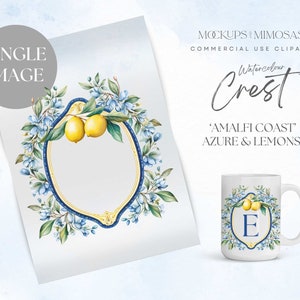 CREST nuziale singolo acquerello mediterraneo: agrumi, limone e fiori clipart di araldica dell'acquerello, blu e giallo. PNG singolo.