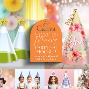 Op de afbeelding: Een set printbare partyhoed-mockups voor Canva. De mockups bevatten verschillende ontwerpen, waaronder een bloemenontwerp met het woord "One" en een groen-blauw ontwerp. De mockups zijn perfect om gepersonaliseerde partyhoeden te maken voor elke gelegenheid.