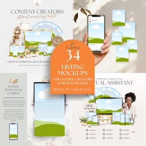 Puede incluir: Un kit de marketing digital para creadores de cursos y vendedores digitales con 34 maquetas de listado para Canva. El kit incluye nueve plantillas con un diseño de paisaje verde y azul. El texto "CONTENT CREATORS Ultimate marketing toolkit!" está en la parte superior de la imagen.