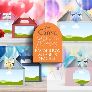 Gable Box Mockup CANVA. Party Favor Box. Label Mockup. Drag and Drop. Add your own design and backgrounds.