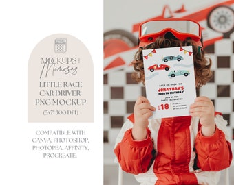 Racing Car Party Invitation Mockup. 5x7 inch Card. Two fast, vintage racer, speed demon, boy holding card. PNG overlay.