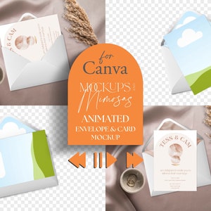 CANVA アニメーション 5x7 インチ封筒 & カード モックアップ。ビデオ モックアップ。Canva 用文房具モックアップ。アニメーション Canva テンプレート。動くモックアップ。