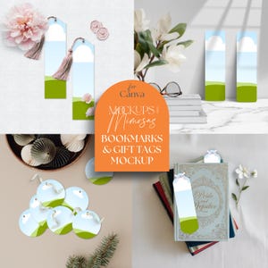 May include: Mockup of bookmarks and gift tags with a green, white, and blue design. The tags feature a cloud and a green hill. The mockup shows the tags on books, a table, and a white background.