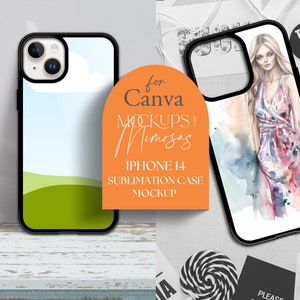 CANVA Sublimation Handyhülle MOCKUP. iPhone 14 Hülle Mockup. Fügen Sie Ihr eigenes Design und Hintergrund hinzu. Ablegen und Ziehen eines Smart Mockups.