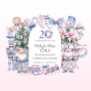Clipart navideño grandilocuente. Decoraciones festivas en tonos rosa y azul. Gráficos PNG pastel.