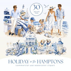 Könnte beinhalten: Aquarell-Clipart mit Küstenmotiv, das Menschen, Hunde und Strandszenen zeigt. Das Bild enthält eine Yacht, einen Leuchtturm, ein Strandhaus und den Text "HOLIDAY in the HAMPTONS". Die Farbpalette ist hauptsächlich blau und weiß.