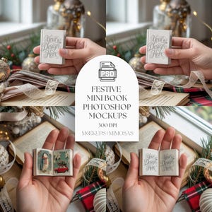 May include: A festive mockup featuring miniature books with the text "Your Design Here." The books are held in hands, with a Christmas theme. The image includes text that reads "Festive Mini Book Photoshop Mockups 300 DPI Mockups & Mimosas."