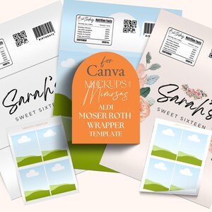 May include: A printable template for a Moser Roth chocolate bar wrapper. The template features a peach background with a floral design and the text "Sarah's Sweet Sixteen". The template is designed for use with Canva.