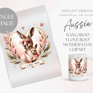 AUSSIE KANGAROO Muttertag Sublimationskunst. 'Ich liebe Roo'. Australische lustige Mama und Baby Joey Tiergrafik. Herzform Transparent PNG.