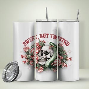 Divertente tumbler sottile da 20 once di Natale, tumbler con stampa a sublimazione a forma di bastoncino di zucchero, teschio e serpente, tumbler dolce ma contorto PNG.