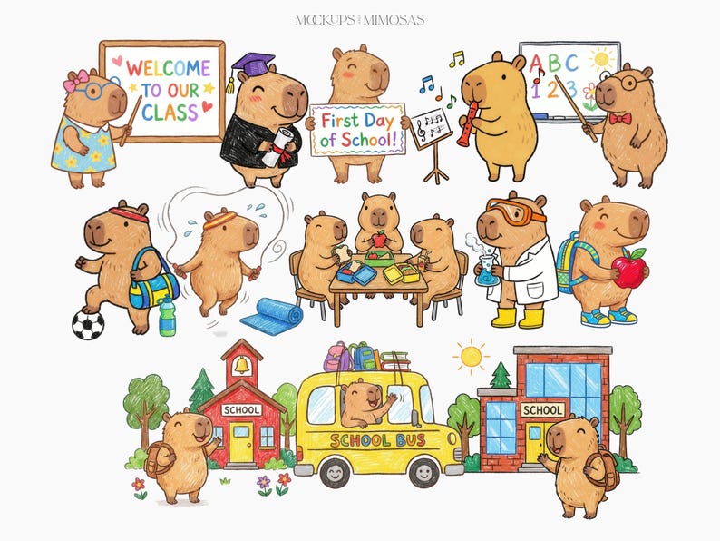 Capybara Clipart School. Watercolor Animals, Classroom PNG Graphics ...