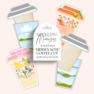May include: Four printable coffee cup mockups with different designs. The designs include a lemon and floral pattern, a grapefruit and orange pattern, a green and blue landscape pattern, and a lined paper pattern. The text "MOCKUPS & Mimosas" is on a white tag.