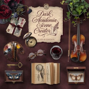 Dark Academia SZENENSCHÖPFER. Flach liegend. Vintage Objekte, Hintergründe, Ephemera Clipart Realistische PNG digitale Aufkleber für Mockups & Planer.