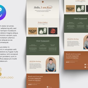 Peut inclure: Page d'accueil d'un site web pour un graphiste nomm&eacute; Rio Sterling. Le site web pr&eacute;sente une palette de couleurs verte et marron avec une photo de Rio Sterling et un appel &agrave; l'action pour le contacter afin de cr&eacute;er des &oelig;uvres d'art visuelles percutantes ensemble.