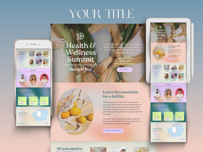 Peut inclure: Une annonce de site Web pour un sommet sur la sant&eacute; et le bien-&ecirc;tre organis&eacute; par Sprig & Sky. L'&eacute;v&eacute;nement aura lieu le 30 ao&ucirc;t 2020 au Peshore Events Place. Le site Web pr&eacute;sente un sch&eacute;ma de couleurs rose et vert avec des images de citrons et d'une plante feuillue.