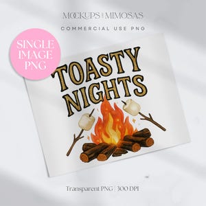 Noches de campamento divertidas PNG, diseño de sublimación de fogata veraniega con falso dorado y malvaviscos, descarga digital de autocaravana al aire libre