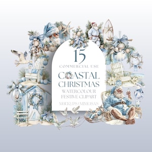 Clipart de NAVIDAD COSTERA. Ambiente festivo de playa. Gaviotas, trineos y Papá Noel. Celebraciones junto al mar.