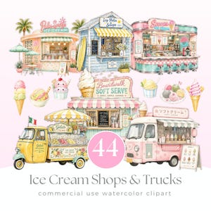 May include: A collection of watercolor illustrations featuring various ice cream shops, food trucks, and frozen treats. The images include pastel-colored storefronts, a yellow gelato cart, a pink van, and assorted ice cream cones and bowls.